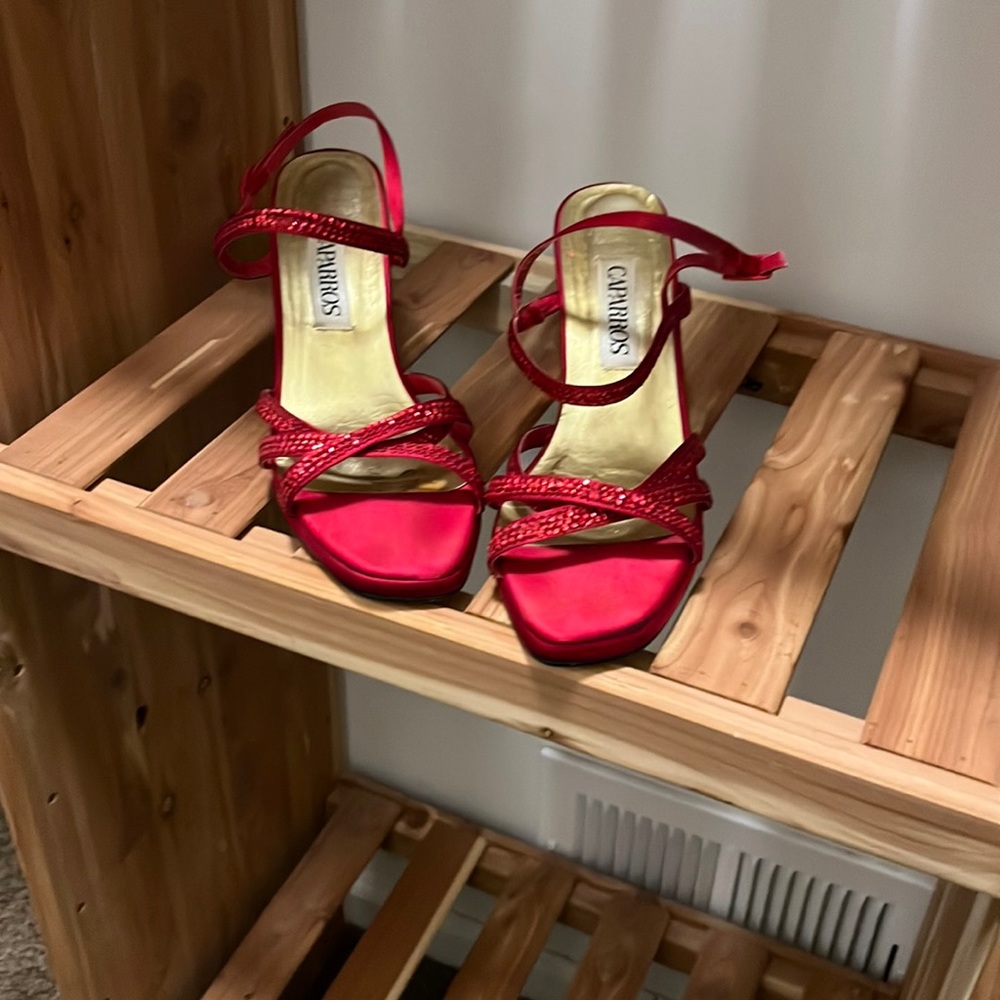 Red sequin strap heels